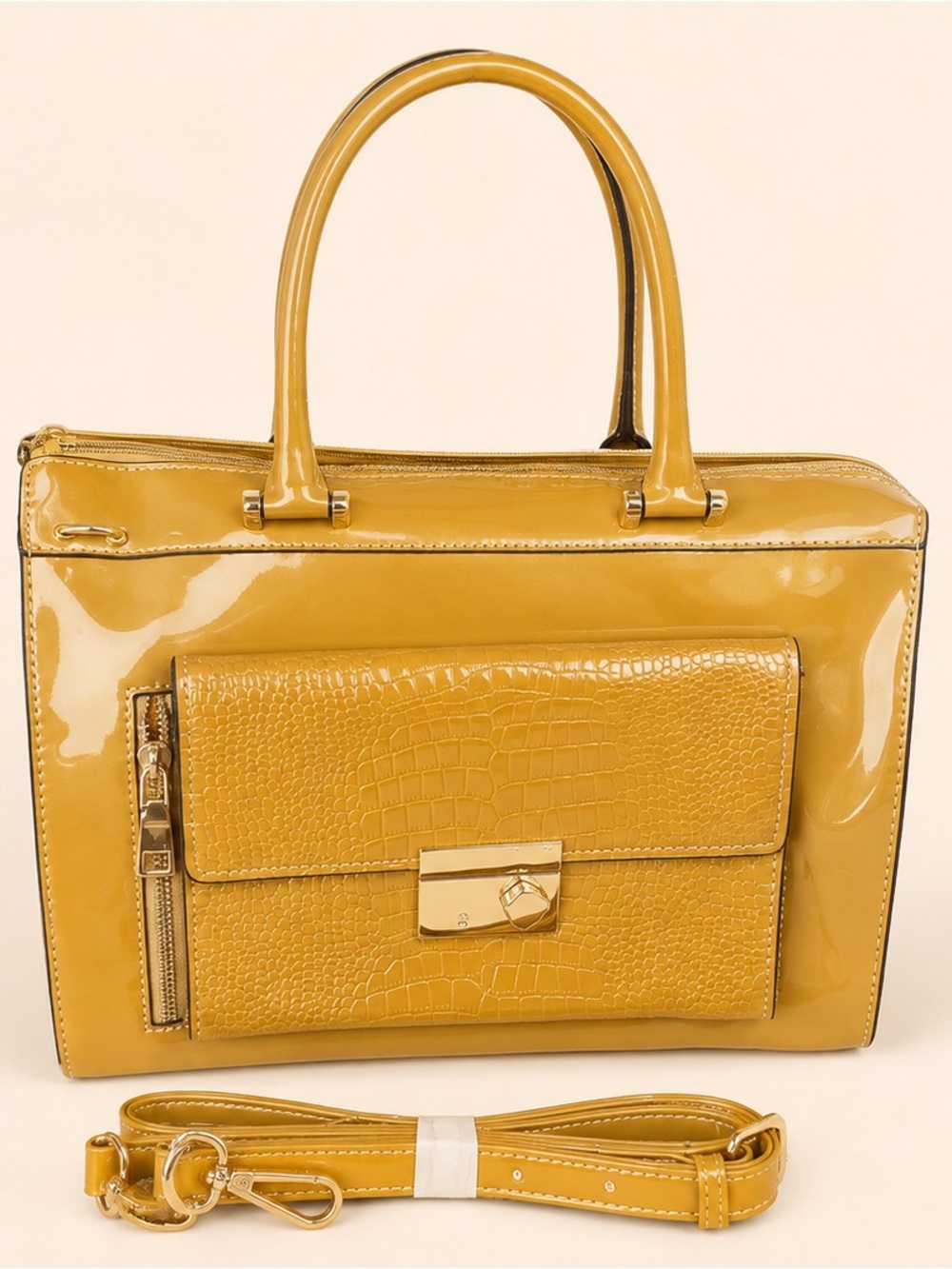 Structured Patent Satchel Handbag in Mustard Yellow